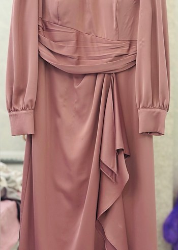 Soğan kabuğu renkte  Drapeli Uzun Kollu Uzun Elbise - Görsel 2