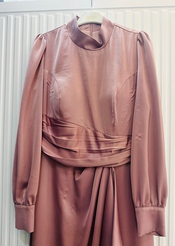 Soğan kabuğu renkte  Drapeli Uzun Kollu Uzun Elbise - Görsel 6