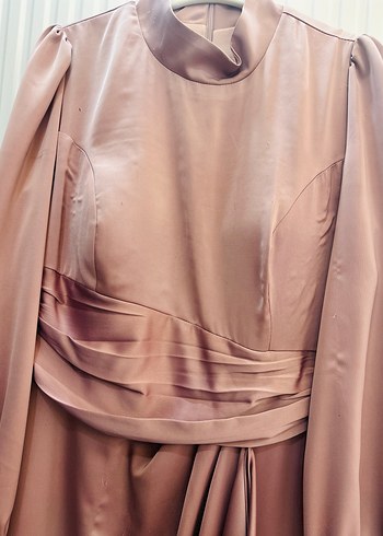 Soğan kabuğu renkte  Drapeli Uzun Kollu Uzun Elbise - Görsel 5