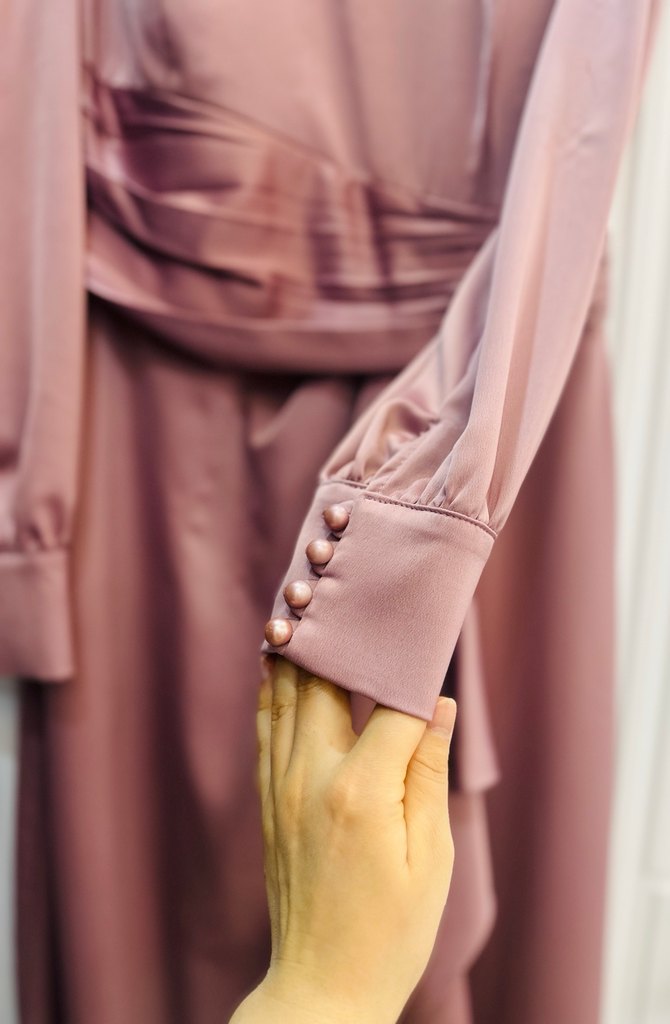 Soğan kabuğu renkte  Drapeli Uzun Kollu Uzun Elbise - Görsel 3