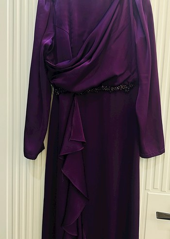 Mor Uzun Kollu Drapeli Abiye Elbise - Görsel 3
