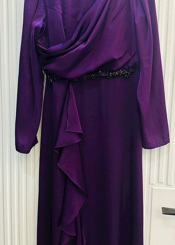 Mor Uzun Kollu Drapeli Abiye Elbise - Görsel 2