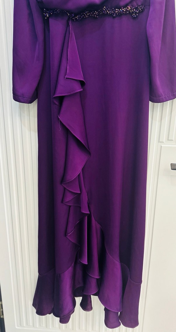 Mor Uzun Kollu Drapeli Abiye Elbise - Görsel 4