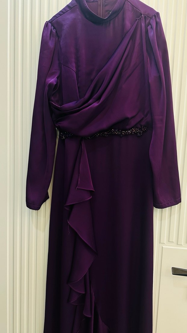 Mor Uzun Kollu Drapeli Abiye Elbise - Görsel 3