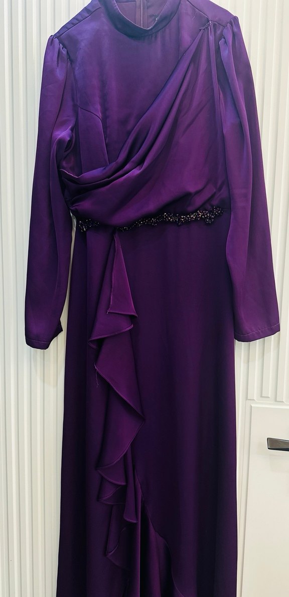 Mor Uzun Kollu Drapeli Abiye Elbise - Görsel 2