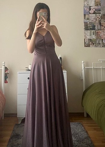 Mor Parlak Uzun V Yaka Abiye Elbise - Görsel 3