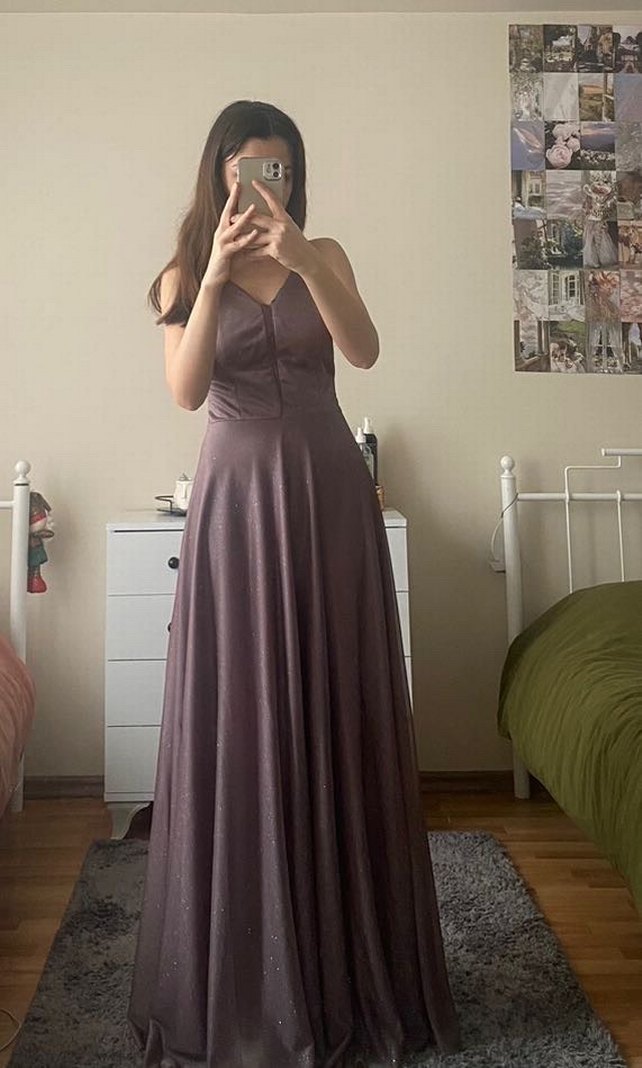 Mor Parlak Uzun V Yaka Abiye Elbise - Görsel 3