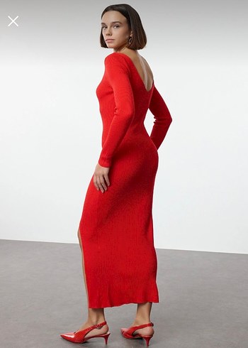 Kadın Kırmızı Uzun Kollu Uzun Elbise - Görsel 3