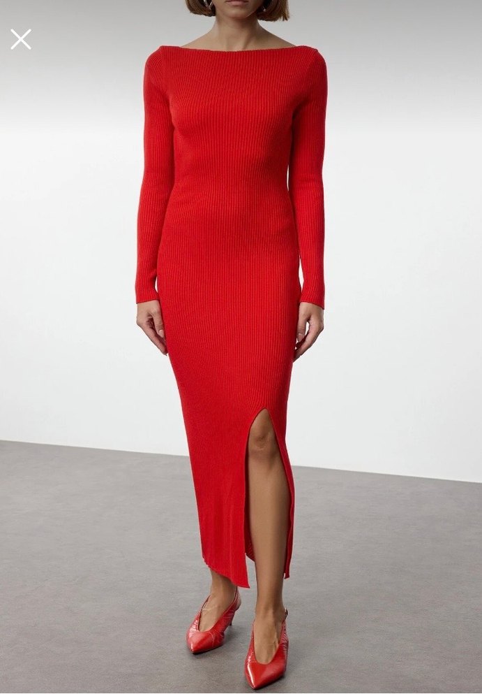 Kadın Kırmızı Uzun Kollu Uzun Elbise - Görsel 2