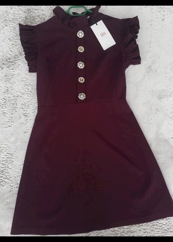 koyu mor Mini Kadın Elbise Düğmeli Kısa Kollu - Görsel 3