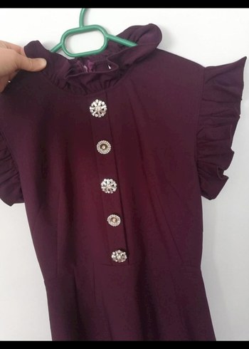 koyu mor Mini Kadın Elbise Düğmeli Kısa Kollu - Görsel 4