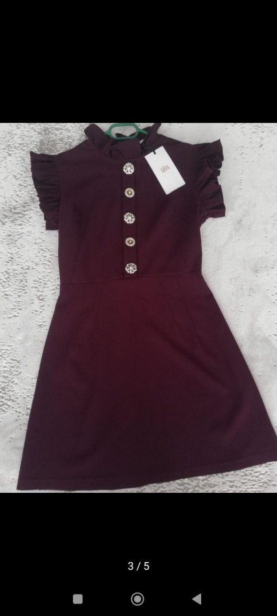 koyu mor Mini Kadın Elbise Düğmeli Kısa Kollu - Görsel 3
