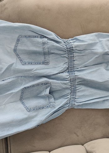 Kadın Mavi Denim Kemerli Straplez Tulum - Görsel 4