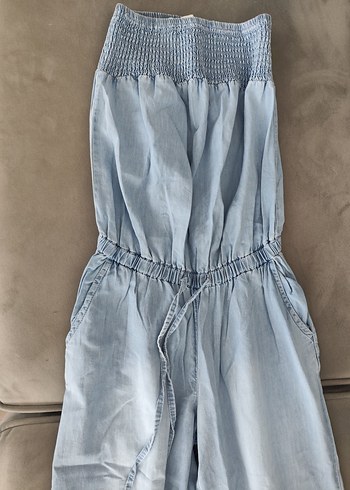 Kadın Mavi Denim Kemerli Straplez Tulum - Görsel 2