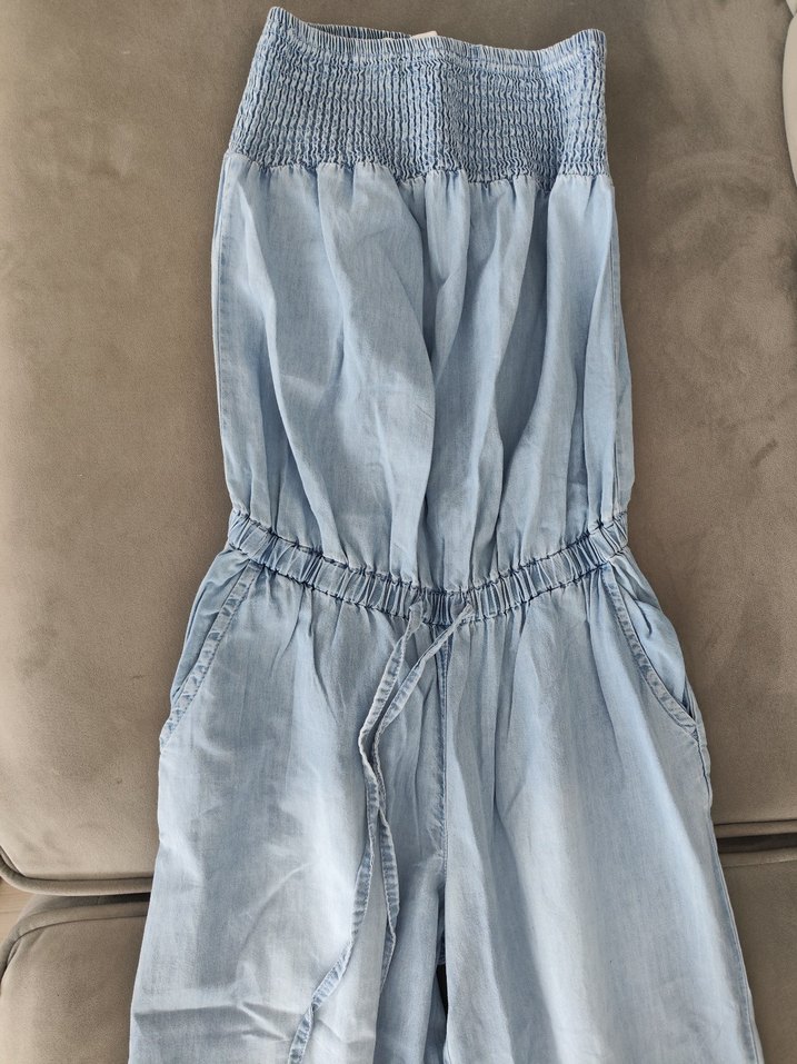 Kadın Mavi Denim Kemerli Straplez Tulum - Görsel 2