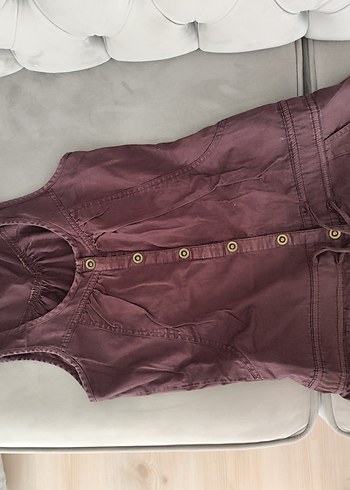 Kahverengi Keten Kemerli Midi Elbise - Görsel 4