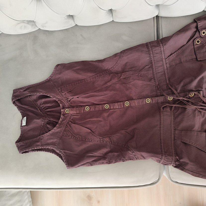 Kahverengi Keten Kemerli Midi Elbise - Görsel 4