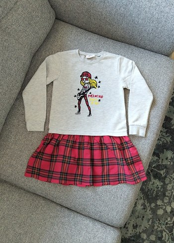 Gri Rock Punk Desenli Uzun Kollu Elbise