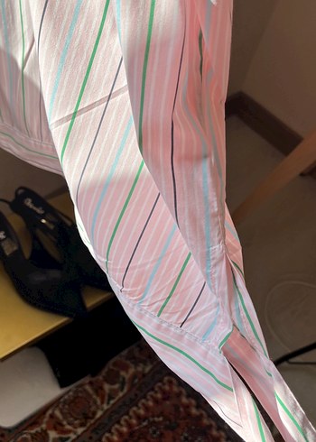 Pembe Çizgili Bağlamalı Kadın Gömlek - Görsel 8