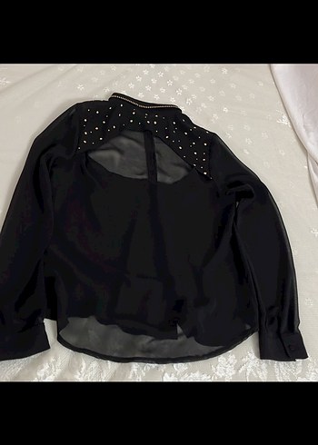 Düğmeli, İşlemeli Siyah Kadın Gömlek - Görsel 7