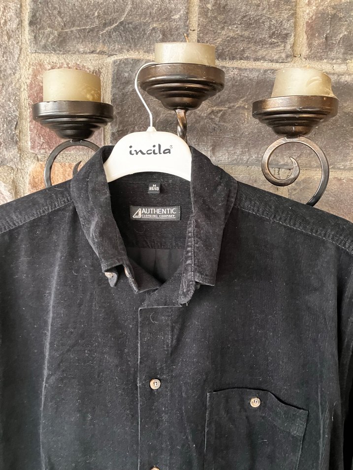 Erkek Siyah ince kadife Uzun Kollu Gömlek - Görsel 2