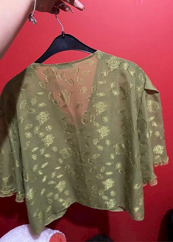 Yeşil V Yaka Fırfırlı Nakışlı Mini Bluz - Görsel 3