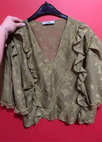 Yeşil V Yaka Fırfırlı Nakışlı Mini Bluz - Görsel 4