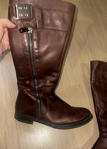 Kahverengi Deri Tokalı Biker Dizüstü Bot greyder - Görsel 2