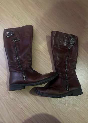 Kahverengi Deri Tokalı Biker Dizüstü Bot greyder - Görsel 4