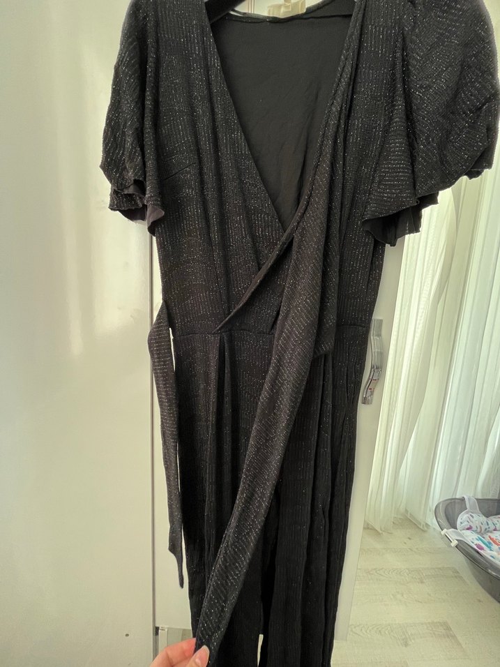 Siyah Kısa Kollu Uzun Keten Tulum - Görsel 2