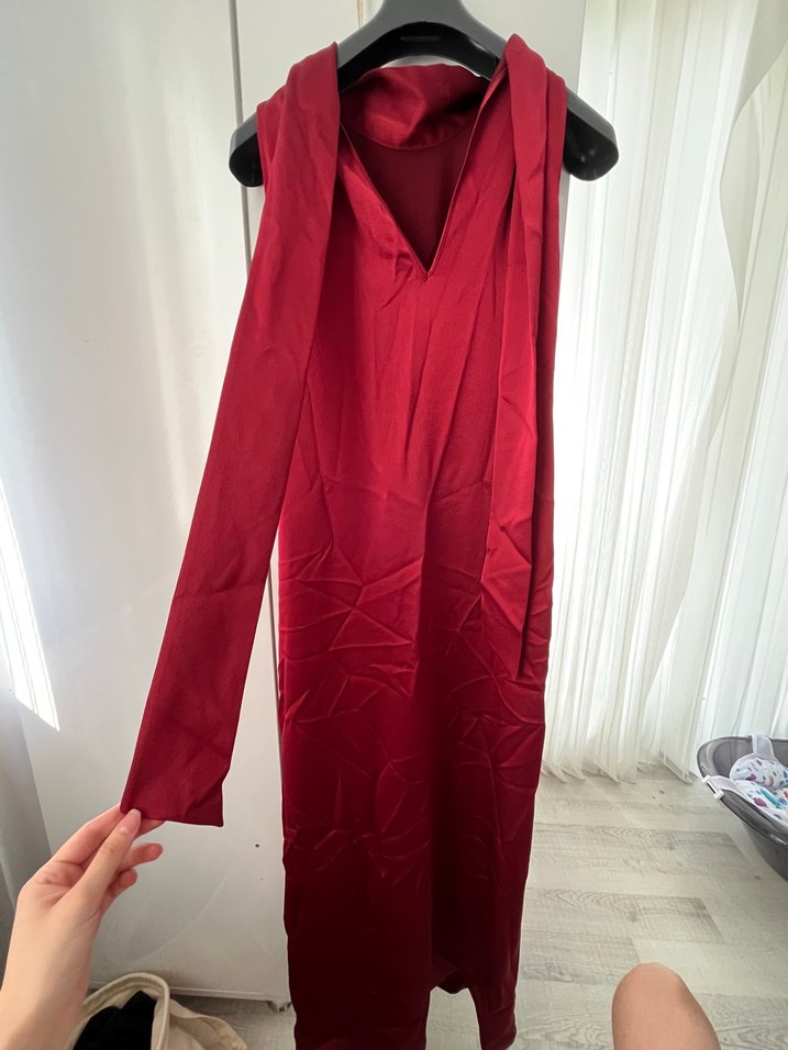 Bordo Uzun Kollarsız Drapeli Elbise - Görsel 2