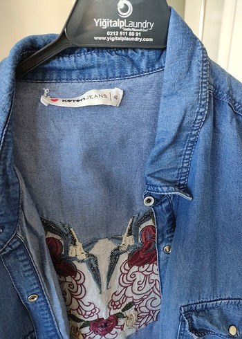 42 Beden mavi Renk Kadın Uzun Nakışlı Bohem Denim Ceket
