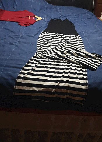 Siyah Beyaz Çizgili  Midi Elbise - Görsel 2