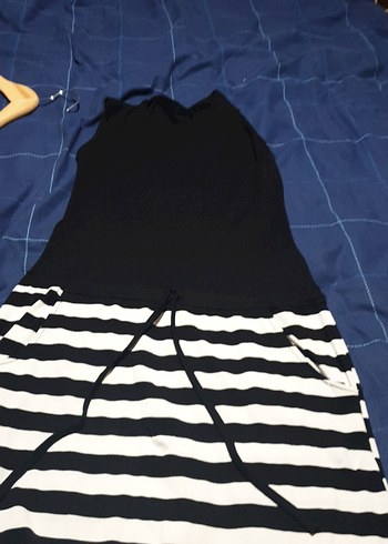 Siyah Beyaz Çizgili  Midi Elbise - Görsel 3