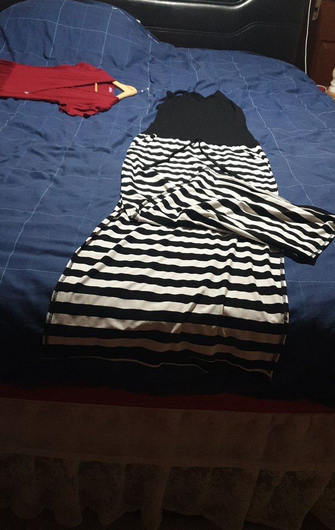 Siyah Beyaz Çizgili  Midi Elbise - Görsel 2