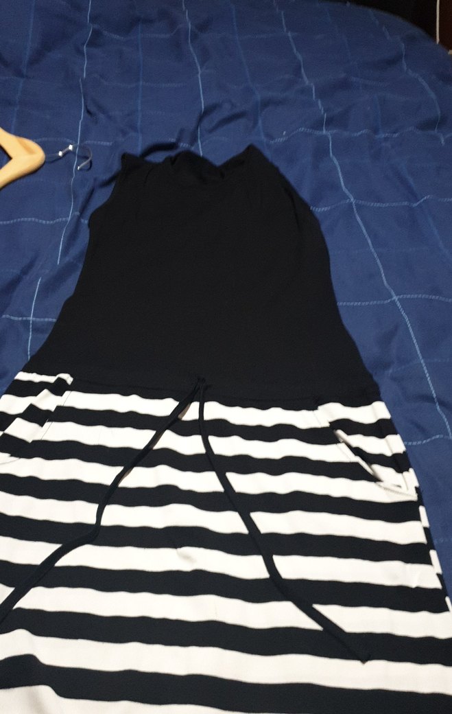 Siyah Beyaz Çizgili  Midi Elbise - Görsel 3