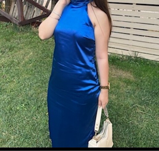 Zara mavi saten elbise