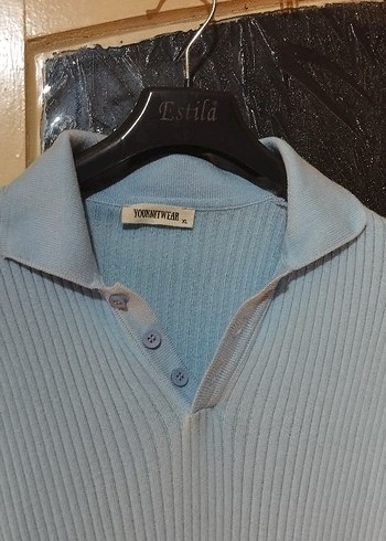 Mavi Kısa Kollu Düğmeli Triko tişört - Görsel 3