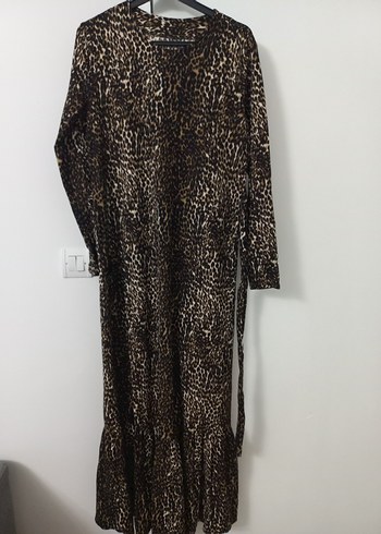 Kahverengi Leopar Desenli Uzun Kadın Elbise - Görsel 7