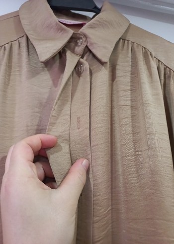 Bej Uzun Kollu Rahat Kesim Kadın Gömlek Elbise - tunik - Görsel 2