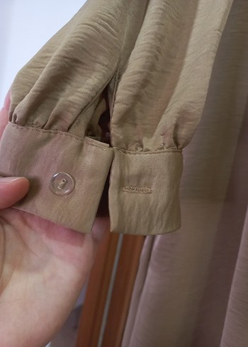 Bej Uzun Kollu Rahat Kesim Kadın Gömlek Elbise - tunik - Görsel 4