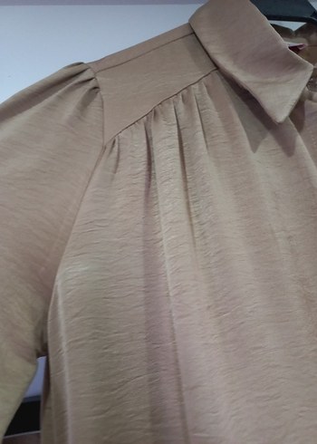 Bej Uzun Kollu Rahat Kesim Kadın Gömlek Elbise - tunik - Görsel 5