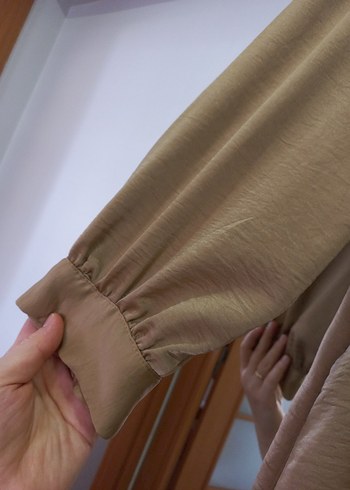 Bej Uzun Kollu Rahat Kesim Kadın Gömlek Elbise - tunik - Görsel 3