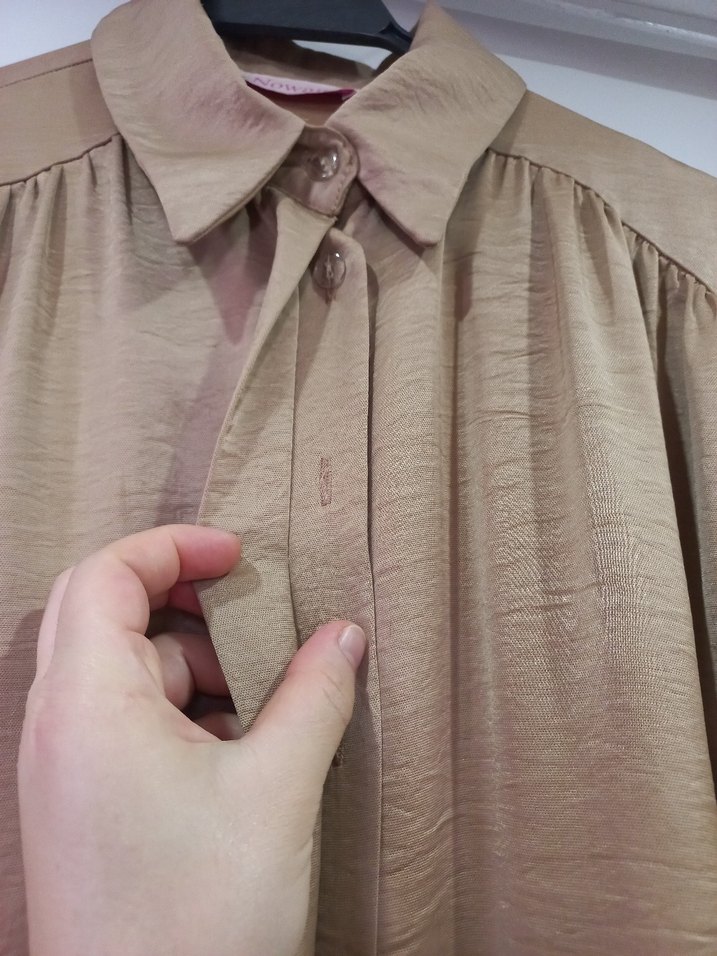 Bej Uzun Kollu Rahat Kesim Kadın Gömlek Elbise - tunik - Görsel 2