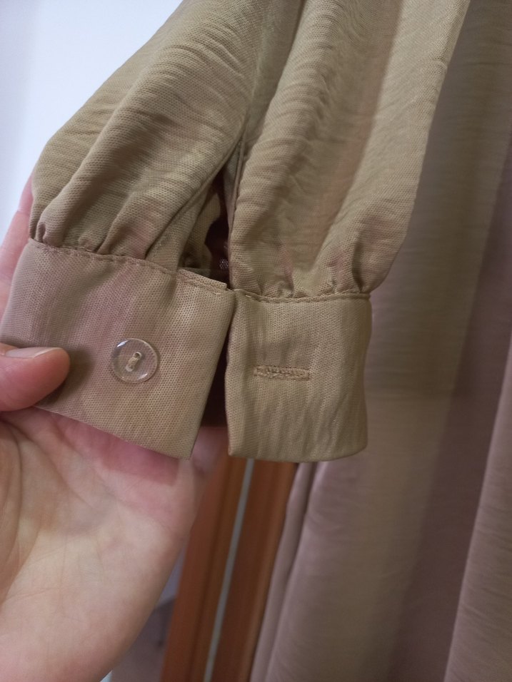 Bej Uzun Kollu Rahat Kesim Kadın Gömlek Elbise - tunik - Görsel 4