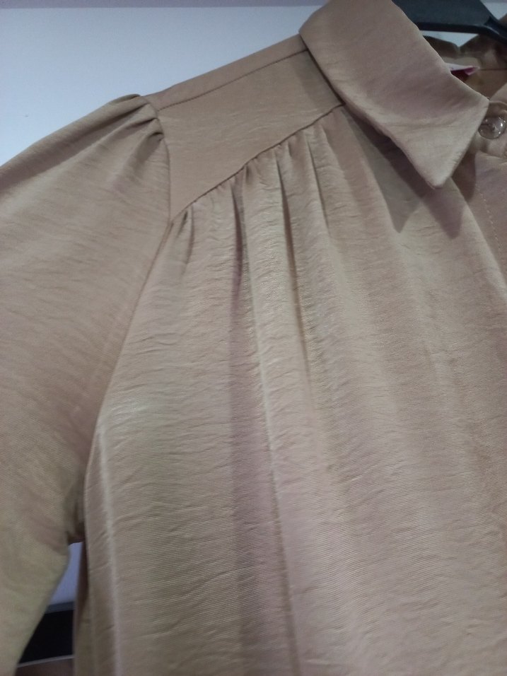 Bej Uzun Kollu Rahat Kesim Kadın Gömlek Elbise - tunik - Görsel 5