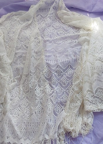 Dantel Detaylı Beyaz Bohem Örgü Şal - Görsel 6