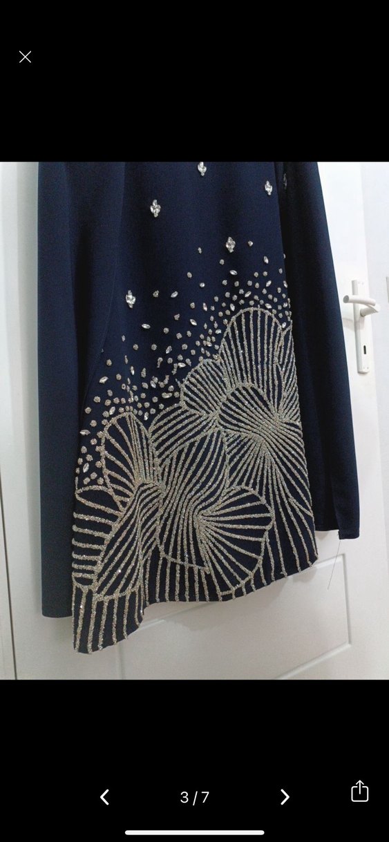 Nakışlı Lacivert Uzun Kollu Abiye Elbise - Görsel 3