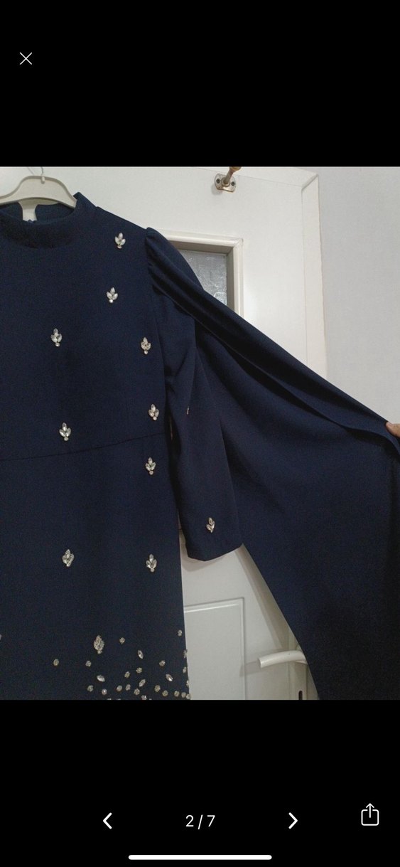 Nakışlı Lacivert Uzun Kollu Abiye Elbise - Görsel 2