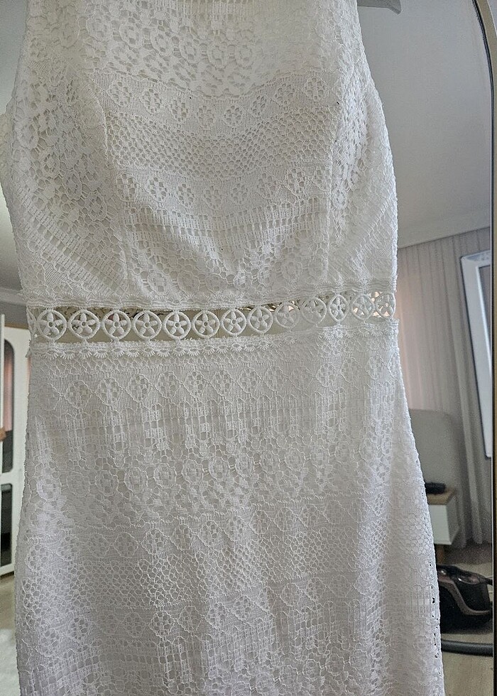Dantelli beyaz abiye elbise - Görsel 5